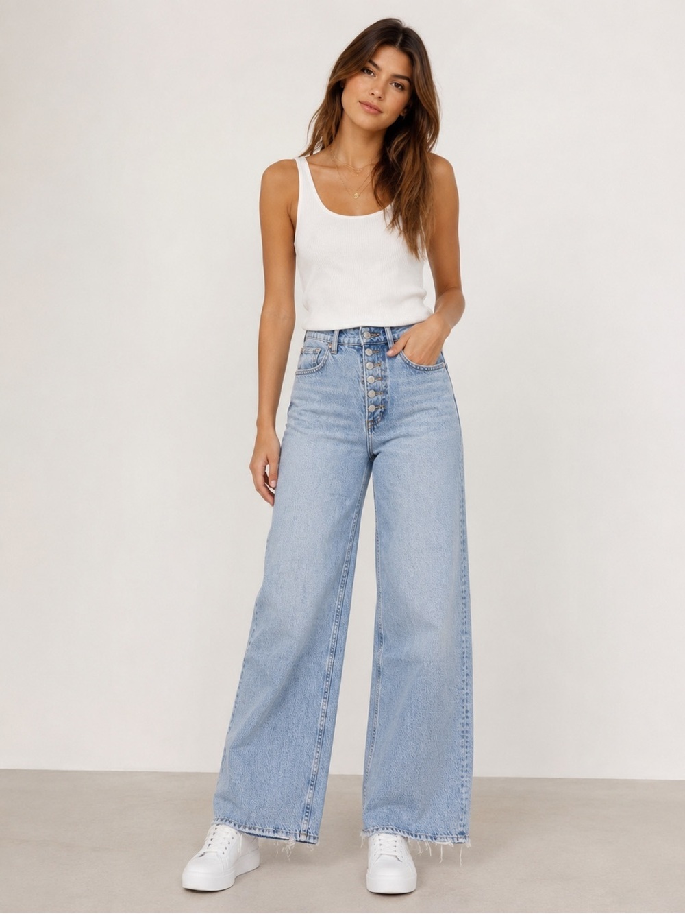ZARA Wide Leg Button Fly Jeans Light Wash Raw Hem Size 4 (EUR 36)